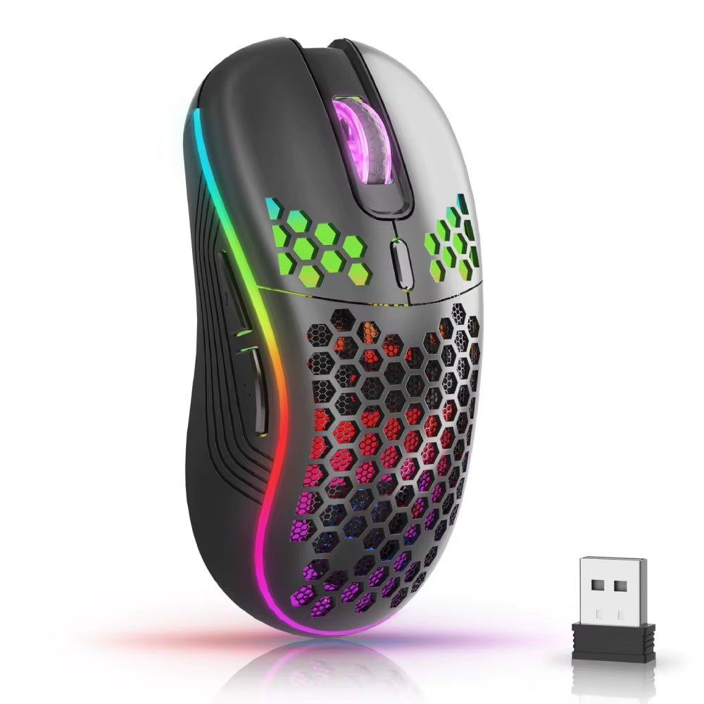 2.4G Wireless Mouse with RGB Backlit 6-Button 3-Speed DPI Type C Rechargeable Ergonomic Honeycomb Design Gaming Mouse - Malachi Wallace boutique