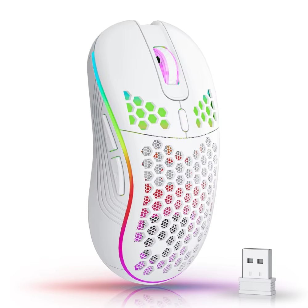 2.4G Wireless Mouse with RGB Backlit 6-Button 3-Speed DPI Type C Rechargeable Ergonomic Honeycomb Design Gaming Mouse - Malachi Wallace boutique