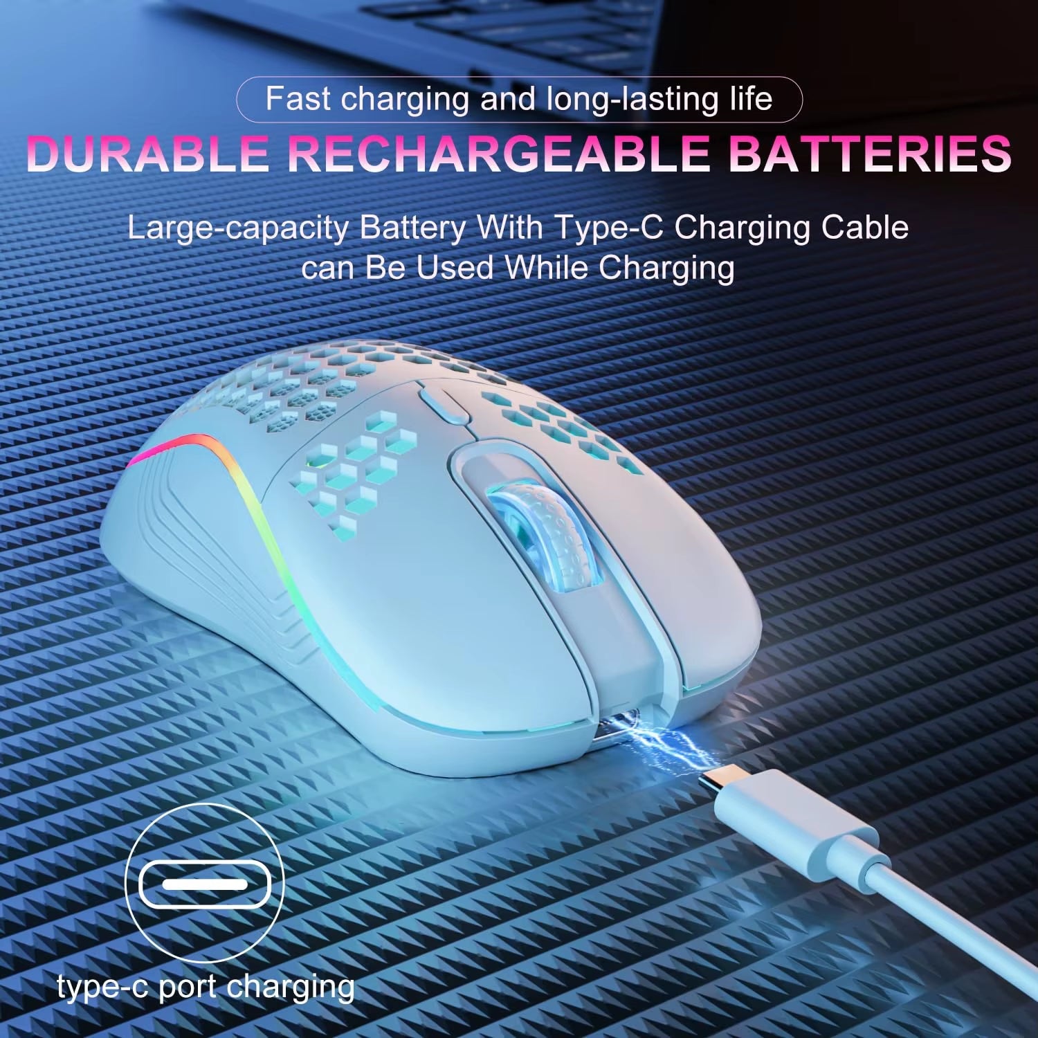 2.4G Wireless Mouse with RGB Backlit 6-Button 3-Speed DPI Type C Rechargeable Ergonomic Honeycomb Design Gaming Mouse - Malachi Wallace boutique