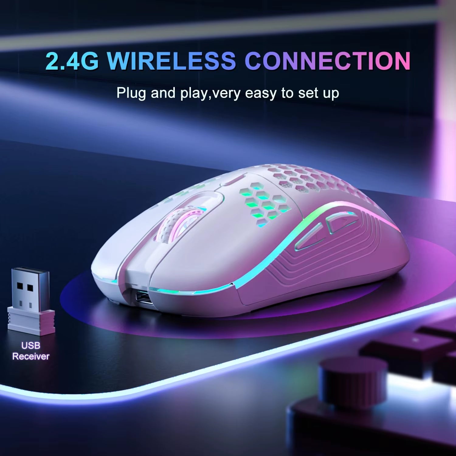 2.4G Wireless Mouse with RGB Backlit 6-Button 3-Speed DPI Type C Rechargeable Ergonomic Honeycomb Design Gaming Mouse - Malachi Wallace boutique