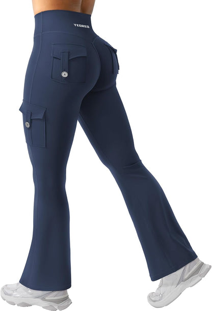 YEOREO CoreFlex Women Workout Flare Leggings with Pockets Hidden Scrunch High Waisted Cargo Gym Yoga No Front Seam Leggings