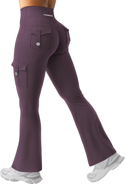YEOREO CoreFlex Women Workout Flare Leggings with Pockets Hidden Scrunch High Waisted Cargo Gym Yoga No Front Seam Leggings