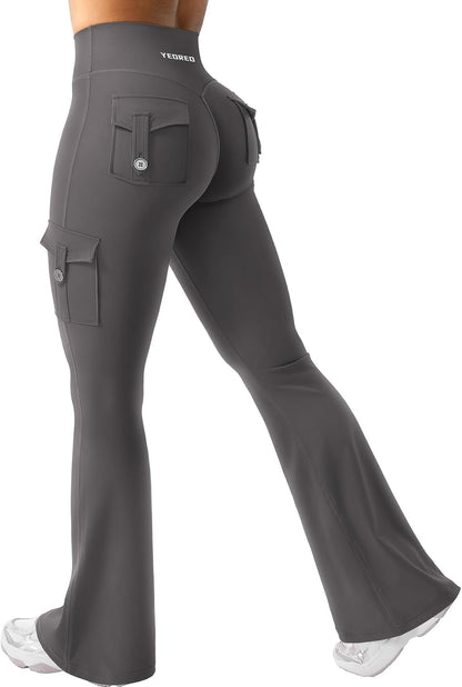 YEOREO CoreFlex Women Workout Flare Leggings with Pockets Hidden Scrunch High Waisted Cargo Gym Yoga No Front Seam Leggings