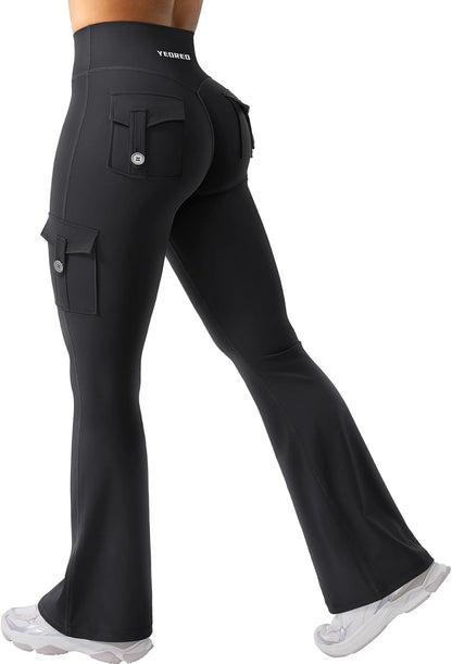 YEOREO CoreFlex Women Workout Flare Leggings with Pockets Hidden Scrunch High Waisted Cargo Gym Yoga No Front Seam Leggings
