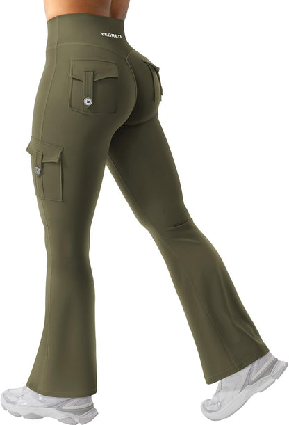 YEOREO CoreFlex Women Workout Flare Leggings with Pockets Hidden Scrunch High Waisted Cargo Gym Yoga No Front Seam Leggings