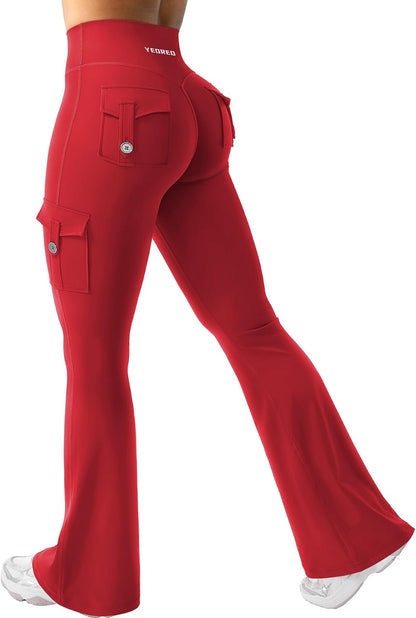 YEOREO CoreFlex Women Workout Flare Leggings with Pockets Hidden Scrunch High Waisted Cargo Gym Yoga No Front Seam Leggings
