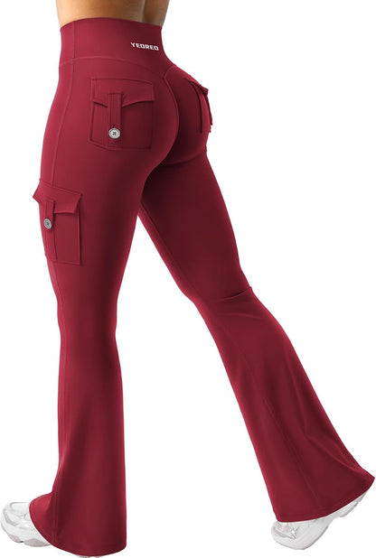 YEOREO CoreFlex Women Workout Flare Leggings with Pockets Hidden Scrunch High Waisted Cargo Gym Yoga No Front Seam Leggings