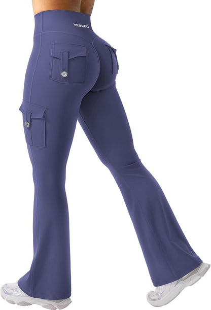 YEOREO CoreFlex Women Workout Flare Leggings with Pockets Hidden Scrunch High Waisted Cargo Gym Yoga No Front Seam Leggings