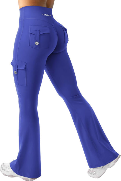 YEOREO CoreFlex Women Workout Flare Leggings with Pockets Hidden Scrunch High Waisted Cargo Gym Yoga No Front Seam Leggings
