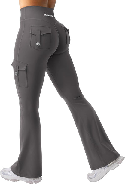 YEOREO CoreFlex Women Workout Flare Leggings with Pockets Hidden Scrunch High Waisted Cargo Gym Yoga No Front Seam Leggings