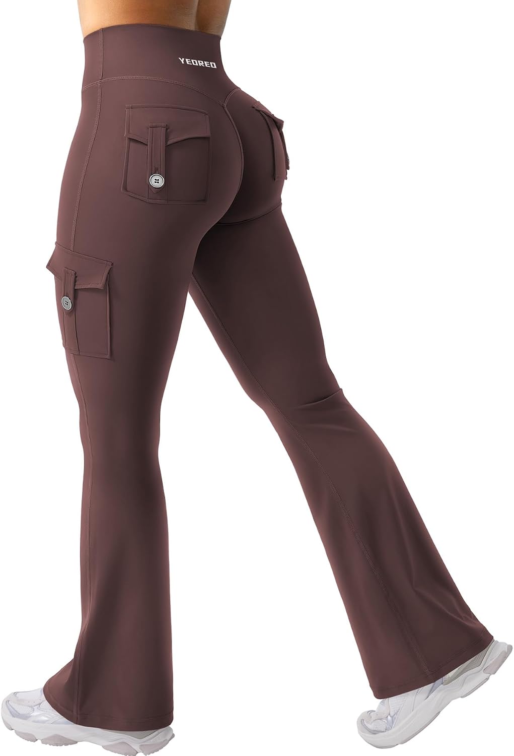 YEOREO CoreFlex Women Workout Flare Leggings with Pockets Hidden Scrunch High Waisted Cargo Gym Yoga No Front Seam Leggings