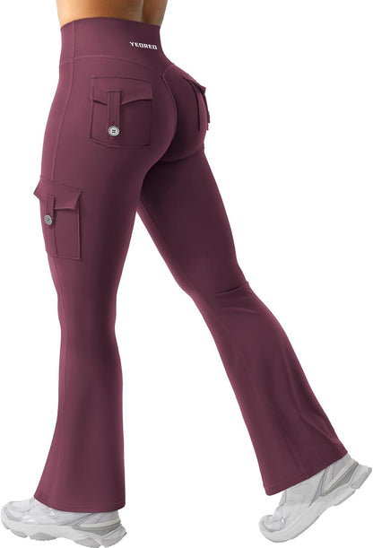 YEOREO CoreFlex Women Workout Flare Leggings with Pockets Hidden Scrunch High Waisted Cargo Gym Yoga No Front Seam Leggings