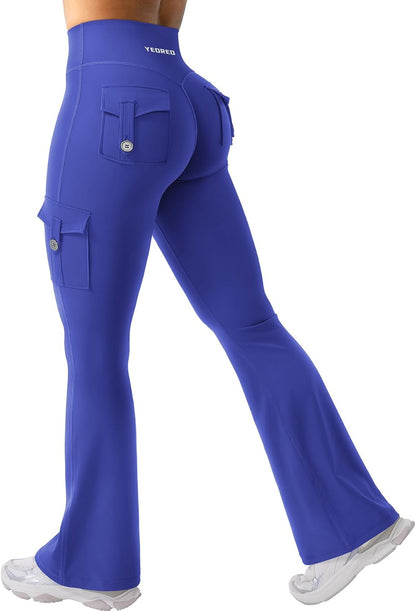YEOREO CoreFlex Women Workout Flare Leggings with Pockets Hidden Scrunch High Waisted Cargo Gym Yoga No Front Seam Leggings