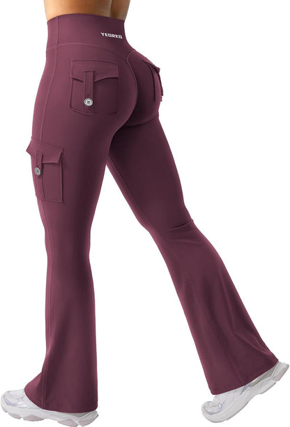 YEOREO CoreFlex Women Workout Flare Leggings with Pockets Hidden Scrunch High Waisted Cargo Gym Yoga No Front Seam Leggings