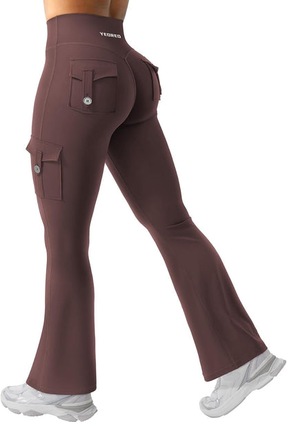 YEOREO CoreFlex Women Workout Flare Leggings with Pockets Hidden Scrunch High Waisted Cargo Gym Yoga No Front Seam Leggings