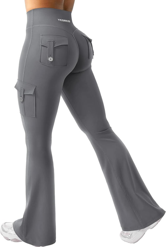 YEOREO CoreFlex Women Workout Flare Leggings with Pockets Hidden Scrunch High Waisted Cargo Gym Yoga No Front Seam Leggings