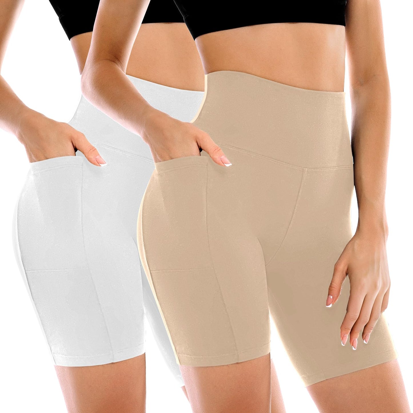 Leafigure 2 Pack Womens Biker Shorts with Pockets, High Waisted Tummy Control Yoga Shorts for Women Running Gym and Workout