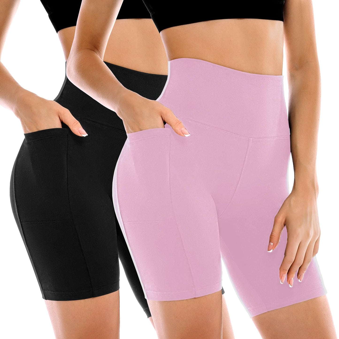 Leafigure 2 Pack Womens Biker Shorts with Pockets, High Waisted Tummy Control Yoga Shorts for Women Running Gym and Workout