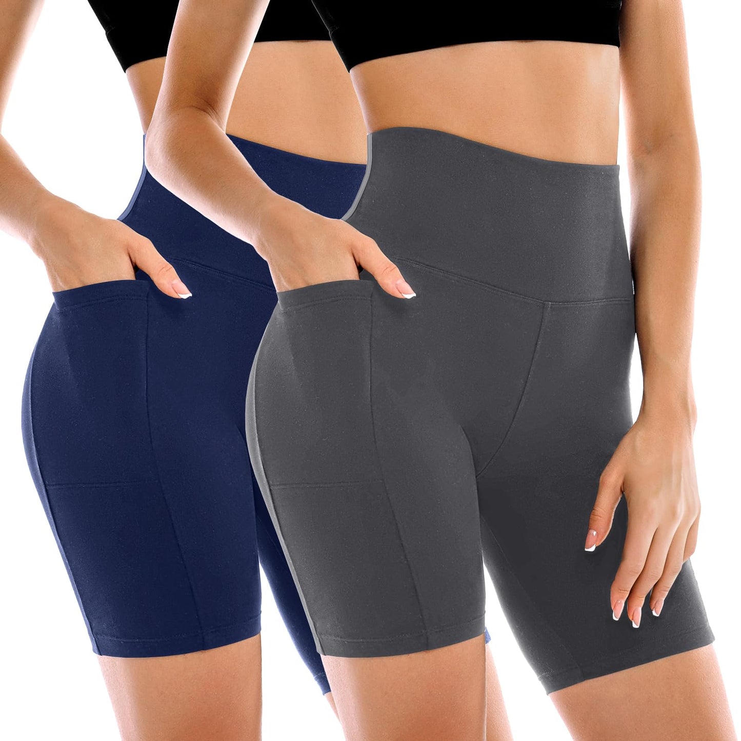 Leafigure 2 Pack Womens Biker Shorts with Pockets, High Waisted Tummy Control Yoga Shorts for Women Running Gym and Workout