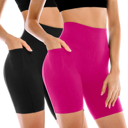 Leafigure 2 Pack Womens Biker Shorts with Pockets, High Waisted Tummy Control Yoga Shorts for Women Running Gym and Workout