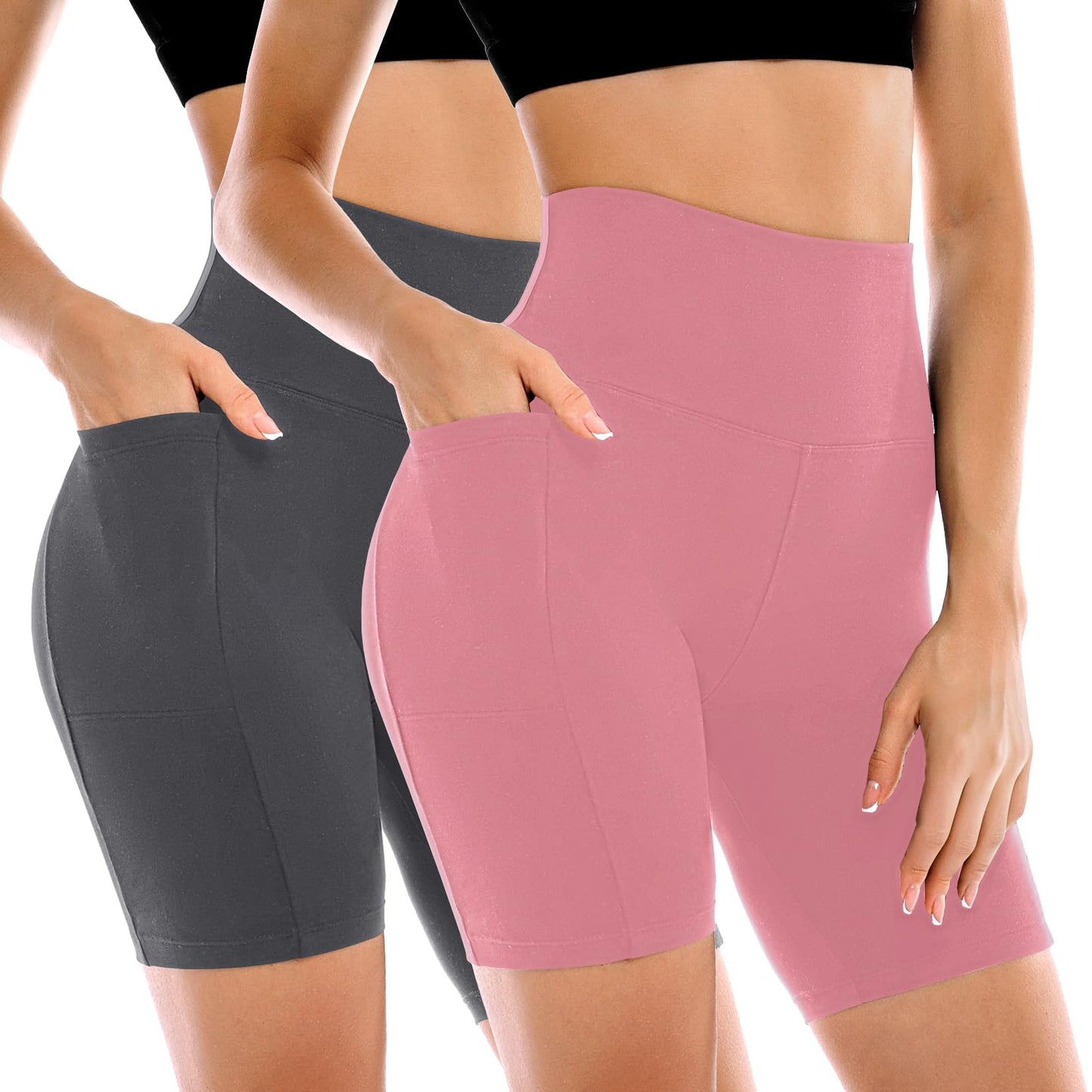 Leafigure 2 Pack Womens Biker Shorts with Pockets, High Waisted Tummy Control Yoga Shorts for Women Running Gym and Workout