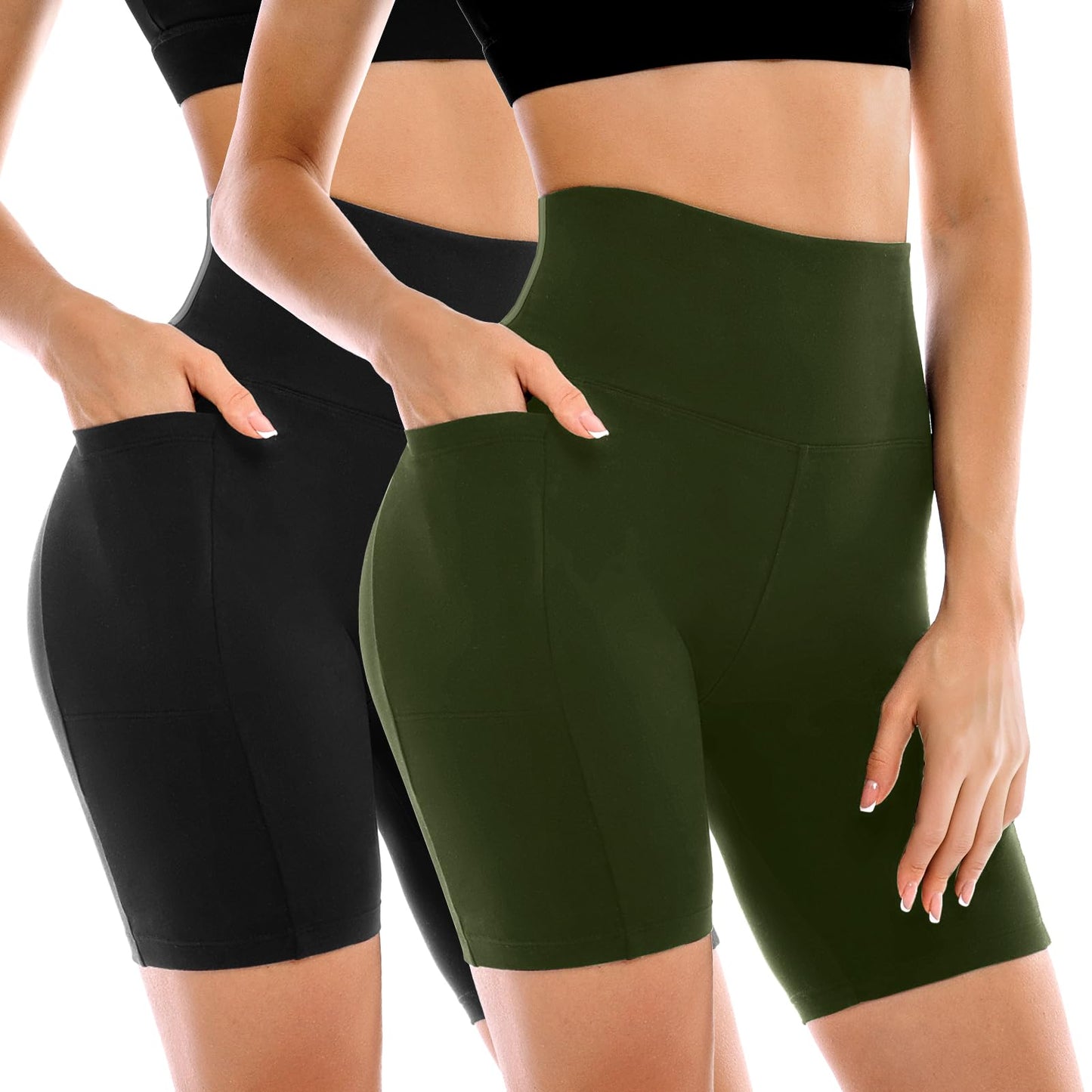 Leafigure 2 Pack Womens Biker Shorts with Pockets, High Waisted Tummy Control Yoga Shorts for Women Running Gym and Workout