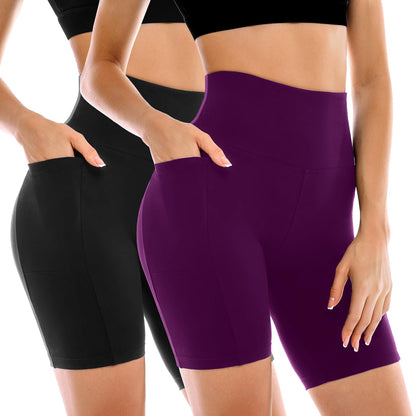 Leafigure 2 Pack Womens Biker Shorts with Pockets, High Waisted Tummy Control Yoga Shorts for Women Running Gym and Workout