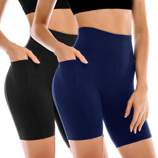 Leafigure 2 Pack Womens Biker Shorts with Pockets, High Waisted Tummy Control Yoga Shorts for Women Running Gym and Workout