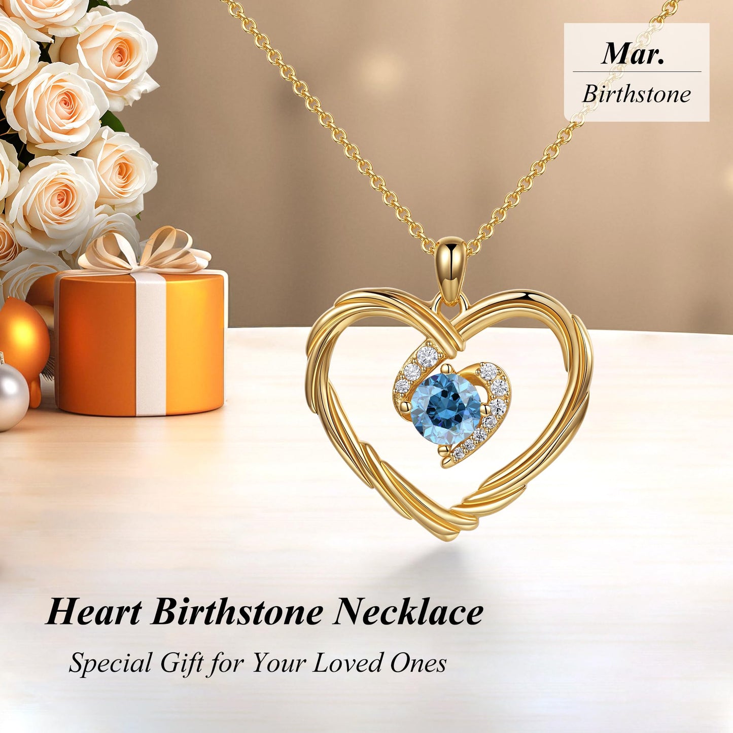 18K Gold Heart Birthstone Necklace Gift
