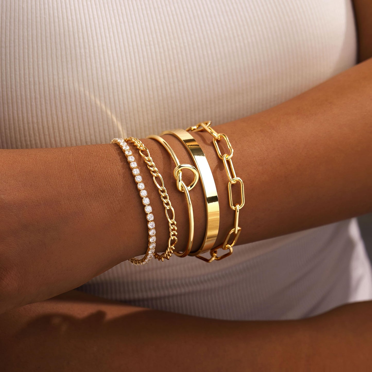 Gokeey Gold Bracelets Set for Women Non Tarnish, Waterproof 14K Gold Plated Sterling Silver Chunky Cuff Bracelet Stackable Gold Bangles Bracelet for Women Trendy Fashion Accessories Tie Knot Cuban Rope Paperclip Beaded Bracelet Stack Jewelry Mothers Day G