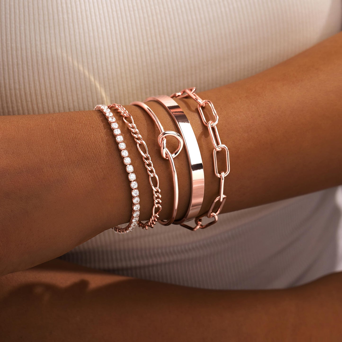 Gokeey Gold Bracelets Set for Women Non Tarnish, Waterproof 14K Gold Plated Sterling Silver Chunky Cuff Bracelet Stackable Gold Bangles Bracelet for Women Trendy Fashion Accessories Tie Knot Cuban Rope Paperclip Beaded Bracelet Stack Jewelry Mothers Day G