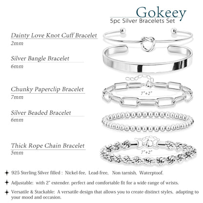 Gokeey Gold Bracelets Set for Women Non Tarnish, Waterproof 14K Gold Plated Sterling Silver Chunky Cuff Bracelet Stackable Gold Bangles Bracelet for Women Trendy Fashion Accessories Tie Knot Cuban Rope Paperclip Beaded Bracelet Stack Jewelry Mothers Day G