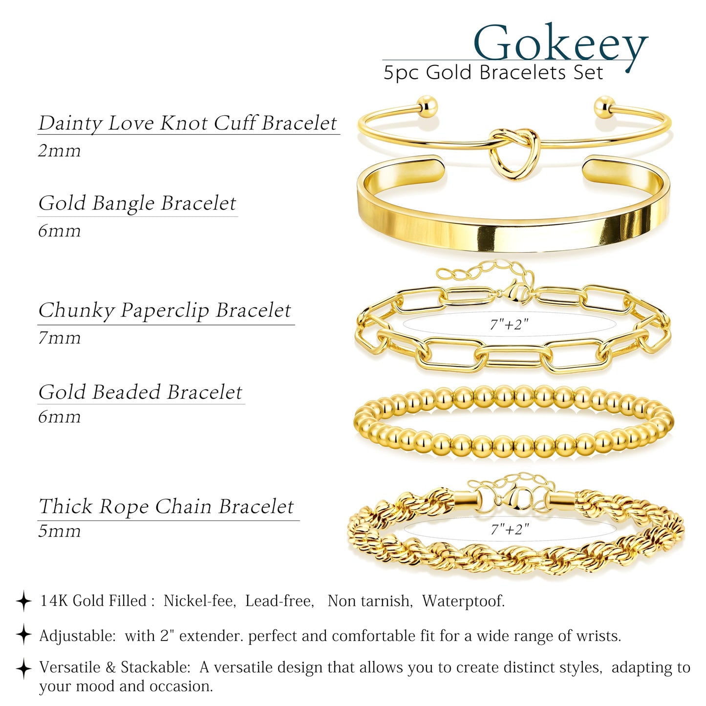 Gokeey Gold Bracelets Set for Women Non Tarnish, Waterproof 14K Gold Plated Sterling Silver Chunky Cuff Bracelet Stackable Gold Bangles Bracelet for Women Trendy Fashion Accessories Tie Knot Cuban Rope Paperclip Beaded Bracelet Stack Jewelry Mothers Day G