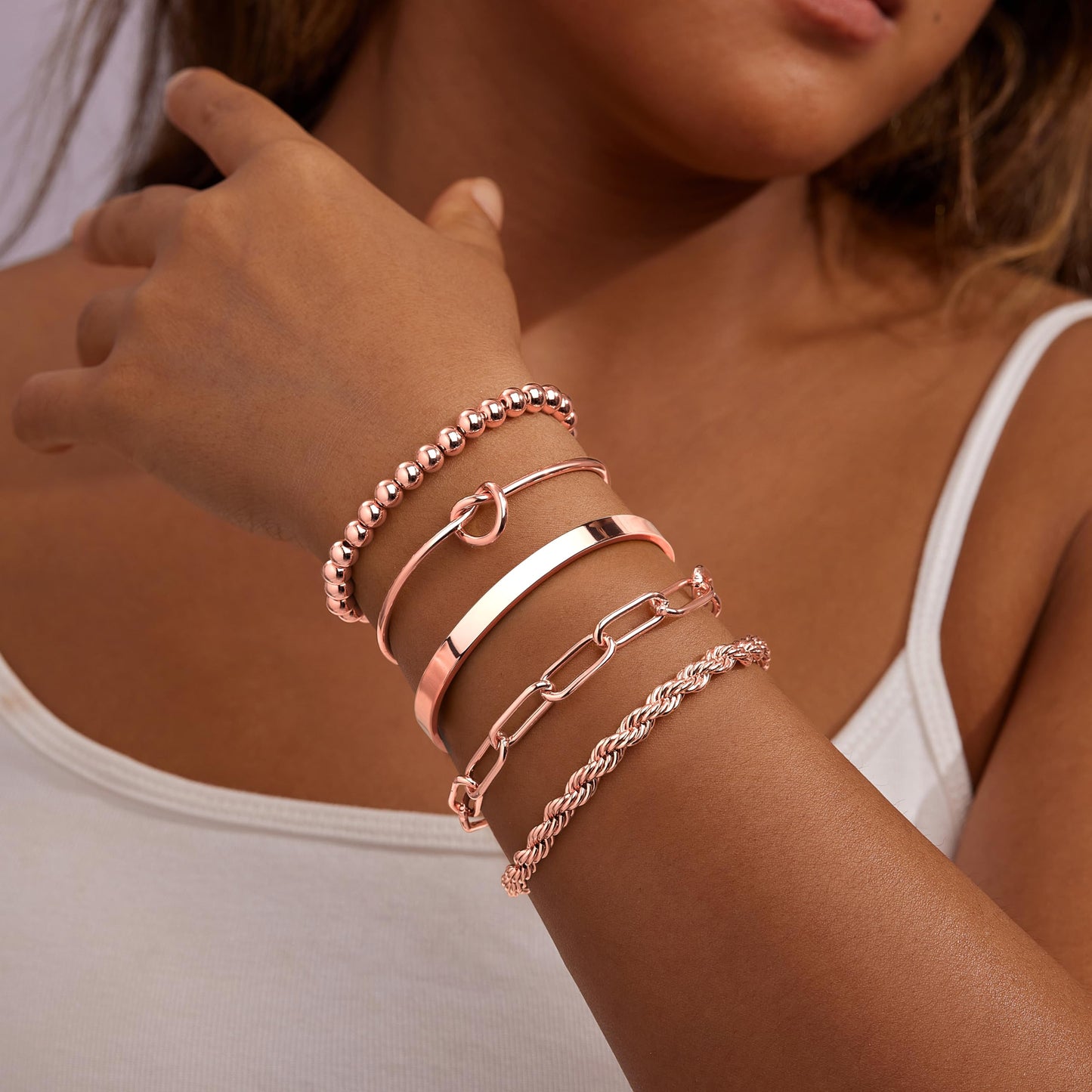 Gokeey Gold Bracelets Set for Women Non Tarnish, Waterproof 14K Gold Plated Sterling Silver Chunky Cuff Bracelet Stackable Gold Bangles Bracelet for Women Trendy Fashion Accessories Tie Knot Cuban Rope Paperclip Beaded Bracelet Stack Jewelry Mothers Day G