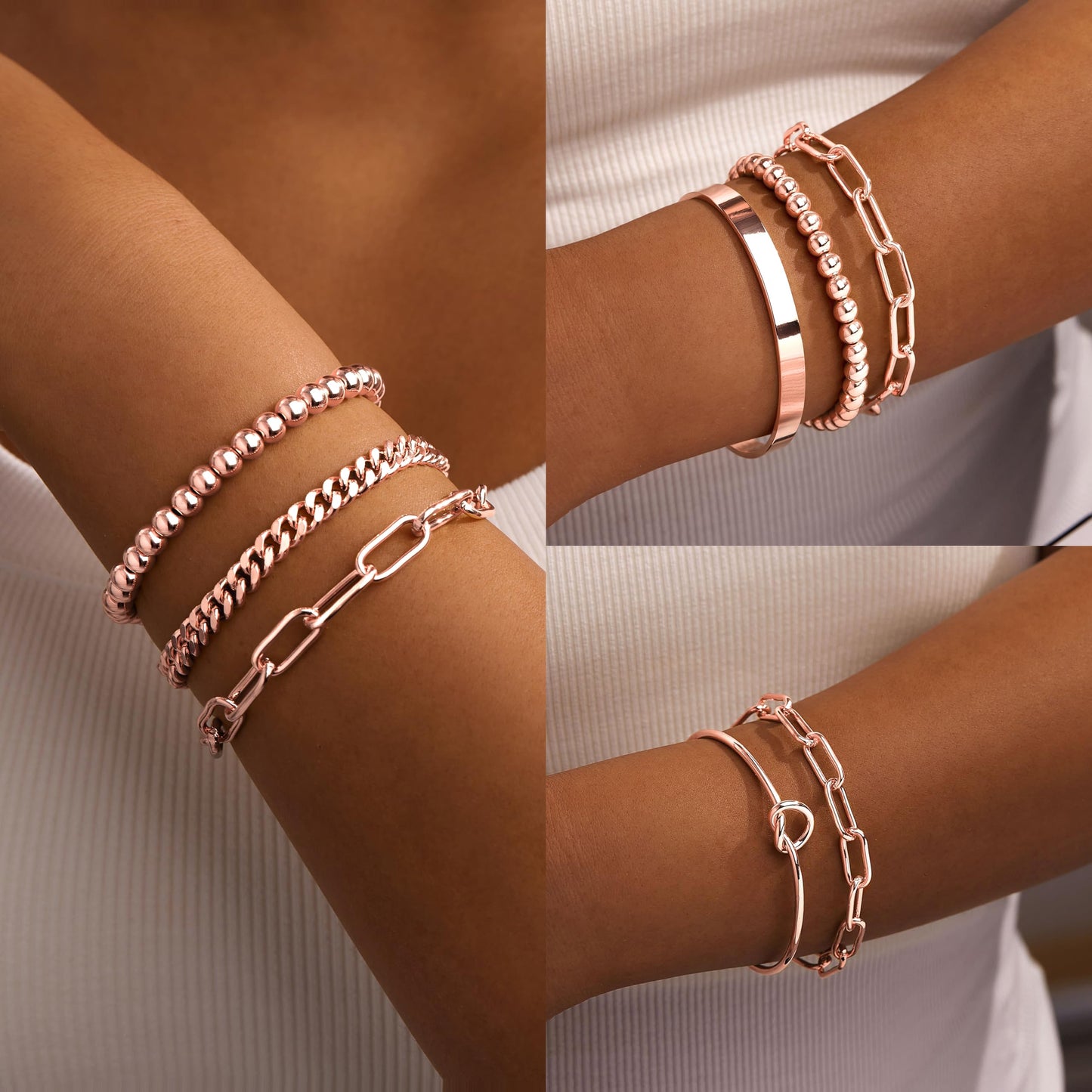Gokeey Gold Bracelets Set for Women Non Tarnish, Waterproof 14K Gold Plated Sterling Silver Chunky Cuff Bracelet Stackable Gold Bangles Bracelet for Women Trendy Fashion Accessories Tie Knot Cuban Rope Paperclip Beaded Bracelet Stack Jewelry Mothers Day G