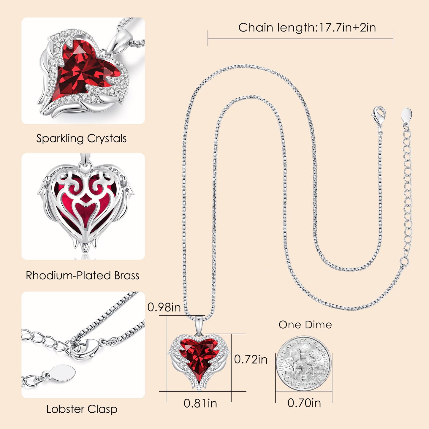 CDE Angel Wings Heart Birthstone Pendant Necklace Gift for Women