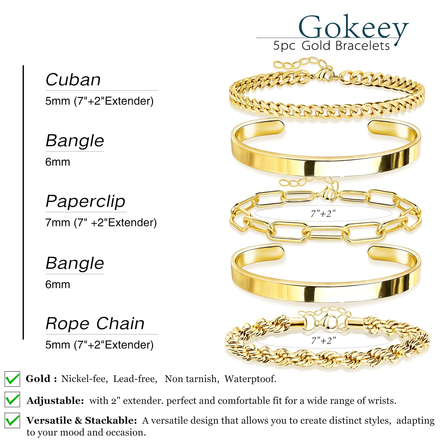 Gokeey Gold Bracelets Set for Women Non Tarnish, Waterproof 14K Gold Plated Sterling Silver Chunky Cuff Bracelet Stackable Gold Bangles Bracelet for Women Trendy Fashion Accessories Tie Knot Cuban Rope Paperclip Beaded Bracelet Stack Jewelry Mothers Day G