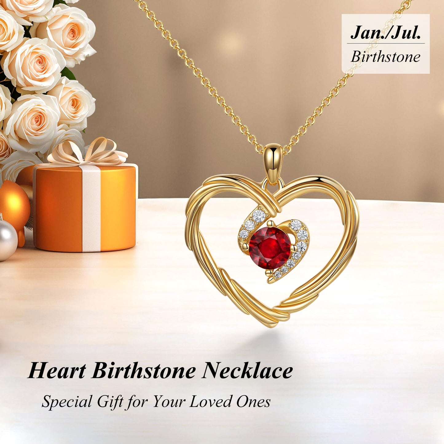 18K Gold Heart Birthstone Necklace Gift