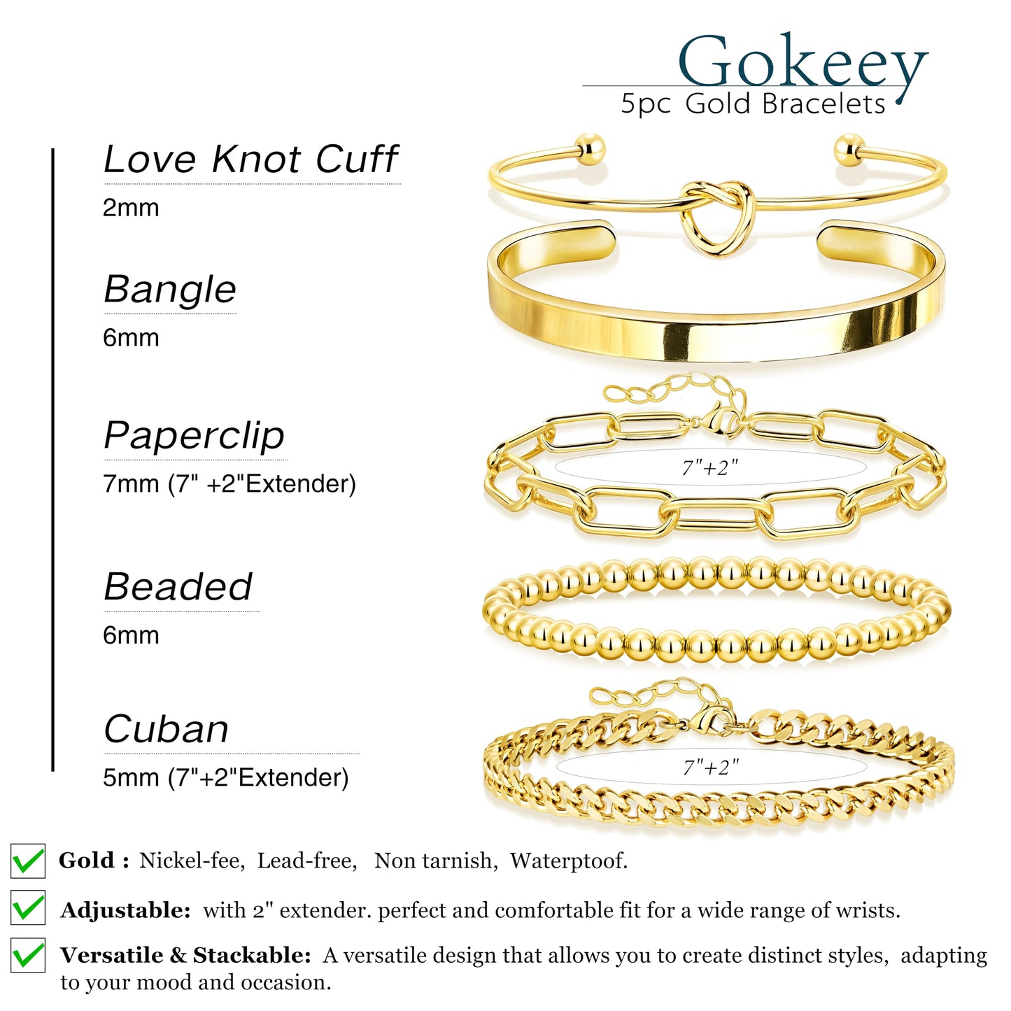 Gokeey Gold Bracelets Set for Women Non Tarnish, Waterproof 14K Gold Plated Sterling Silver Chunky Cuff Bracelet Stackable Gold Bangles Bracelet for Women Trendy Fashion Accessories Tie Knot Cuban Rope Paperclip Beaded Bracelet Stack Jewelry Mothers Day G