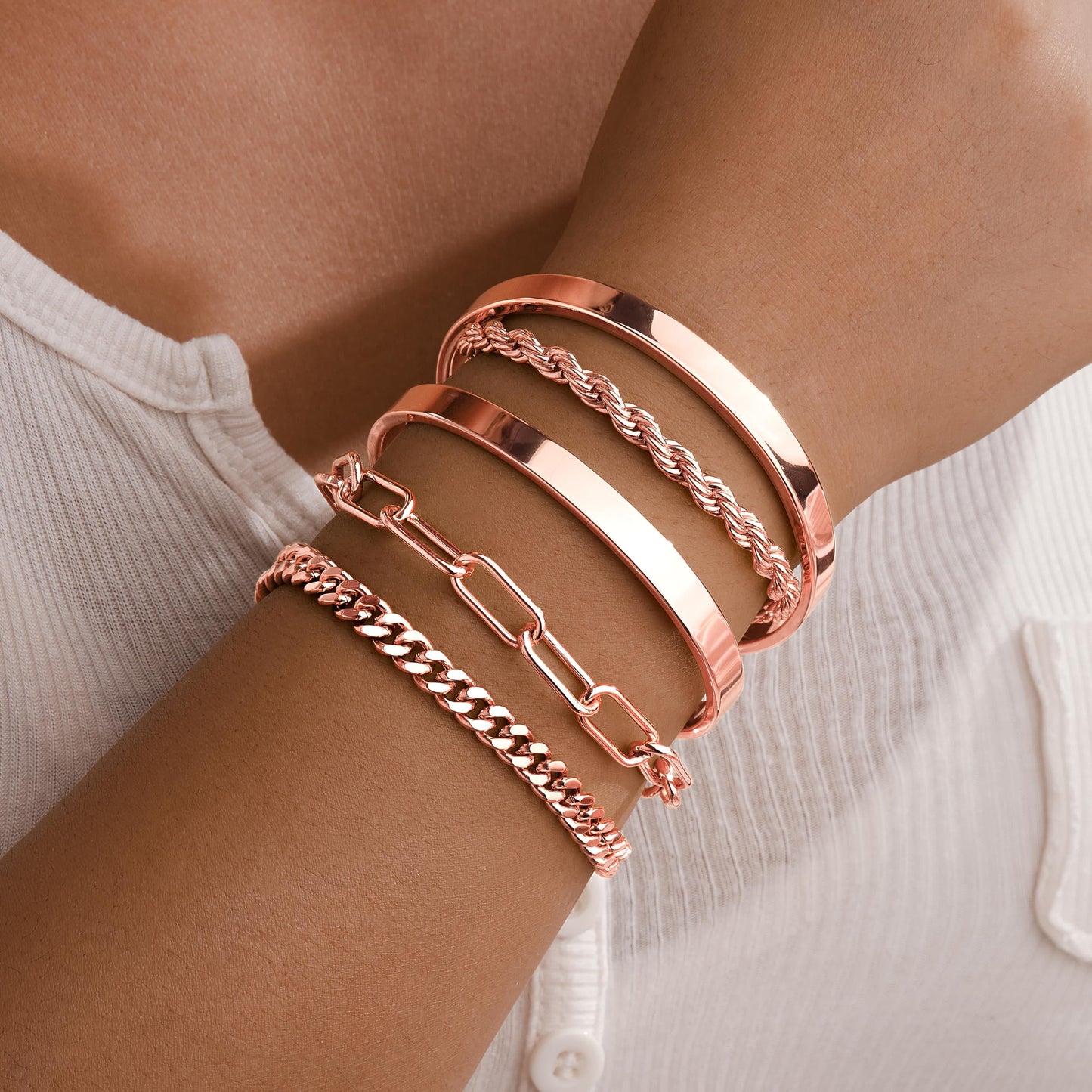 Gokeey Gold Bracelets Set for Women Non Tarnish, Waterproof 14K Gold Plated Sterling Silver Chunky Cuff Bracelet Stackable Gold Bangles Bracelet for Women Trendy Fashion Accessories Tie Knot Cuban Rope Paperclip Beaded Bracelet Stack Jewelry Mothers Day G