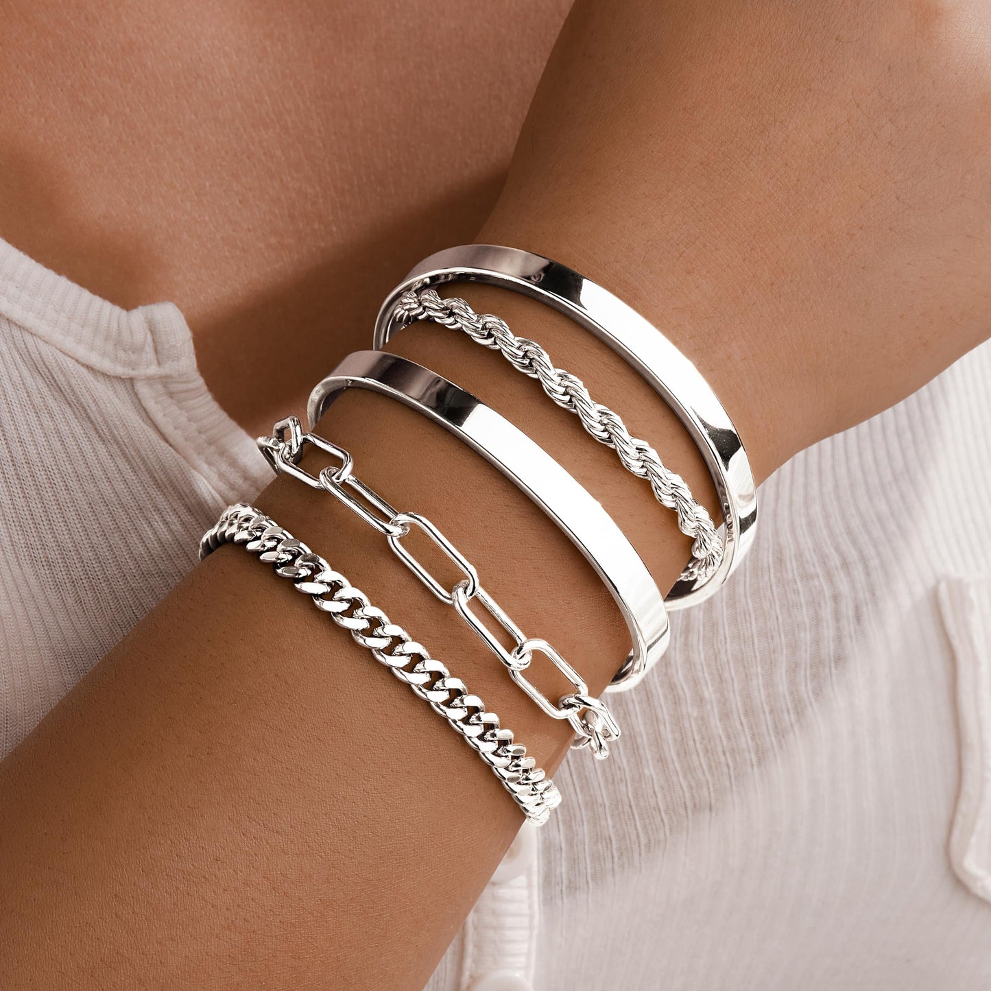 Gokeey Gold Bracelets Set for Women Non Tarnish, Waterproof 14K Gold Plated Sterling Silver Chunky Cuff Bracelet Stackable Gold Bangles Bracelet for Women Trendy Fashion Accessories Tie Knot Cuban Rope Paperclip Beaded Bracelet Stack Jewelry Mothers Day G