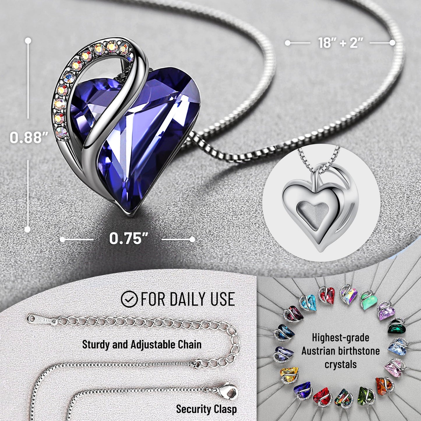 Leafael Gift Necklaces for Women, Infinity Love Birthstone Heart Crystal Pendant, Birthday Anniversary Jewelry for Wife, Mom, and Her, Silver Plated, 18" + 2" Adjustable Chain