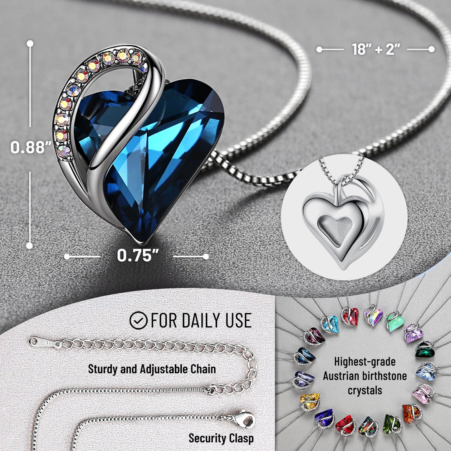 Leafael Gift Necklaces for Women, Infinity Love Birthstone Heart Crystal Pendant, Birthday Anniversary Jewelry for Wife, Mom, and Her, Silver Plated, 18" + 2" Adjustable Chain