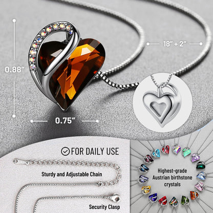 Leafael Gift Necklaces for Women, Infinity Love Birthstone Heart Crystal Pendant, Birthday Anniversary Jewelry for Wife, Mom, and Her, Silver Plated, 18" + 2" Adjustable Chain