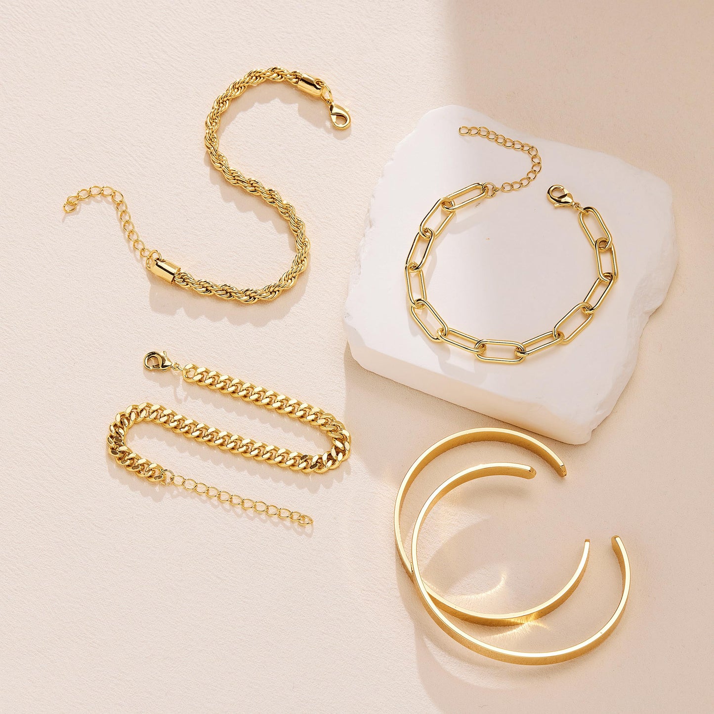 Gokeey Gold Bracelets Set for Women Non Tarnish, Waterproof 14K Gold Plated Sterling Silver Chunky Cuff Bracelet Stackable Gold Bangles Bracelet for Women Trendy Fashion Accessories Tie Knot Cuban Rope Paperclip Beaded Bracelet Stack Jewelry Mothers Day G