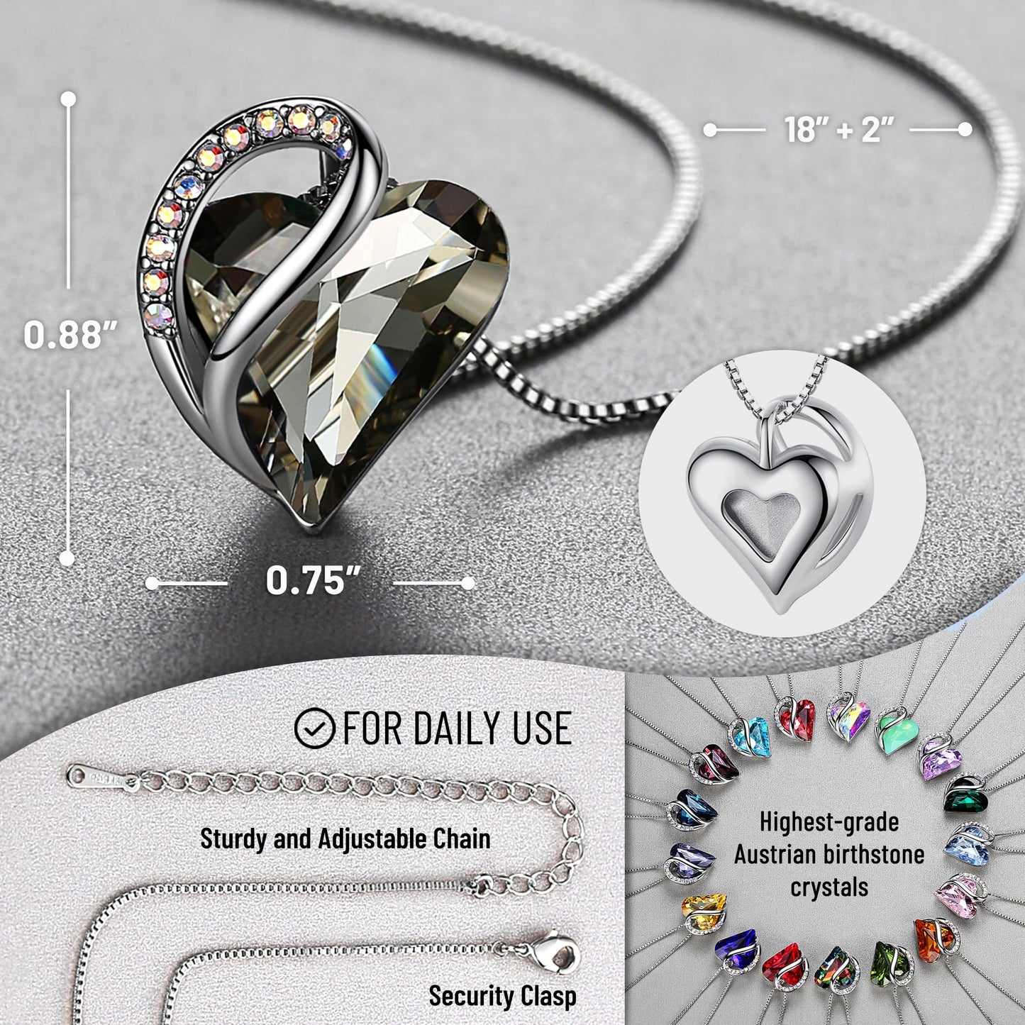 Leafael Gift Necklaces for Women, Infinity Love Birthstone Heart Crystal Pendant, Birthday Anniversary Jewelry for Wife, Mom, and Her, Silver Plated, 18" + 2" Adjustable Chain