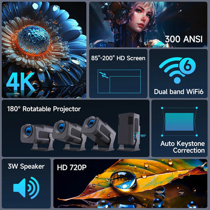 HY320 Mini Newly Native 720P Android 11 4K Projector 300ANSI Wifi6 BT5.0 Cinema Outdoor Portable 180° Rotable Projector - Malachi Wallace boutique
