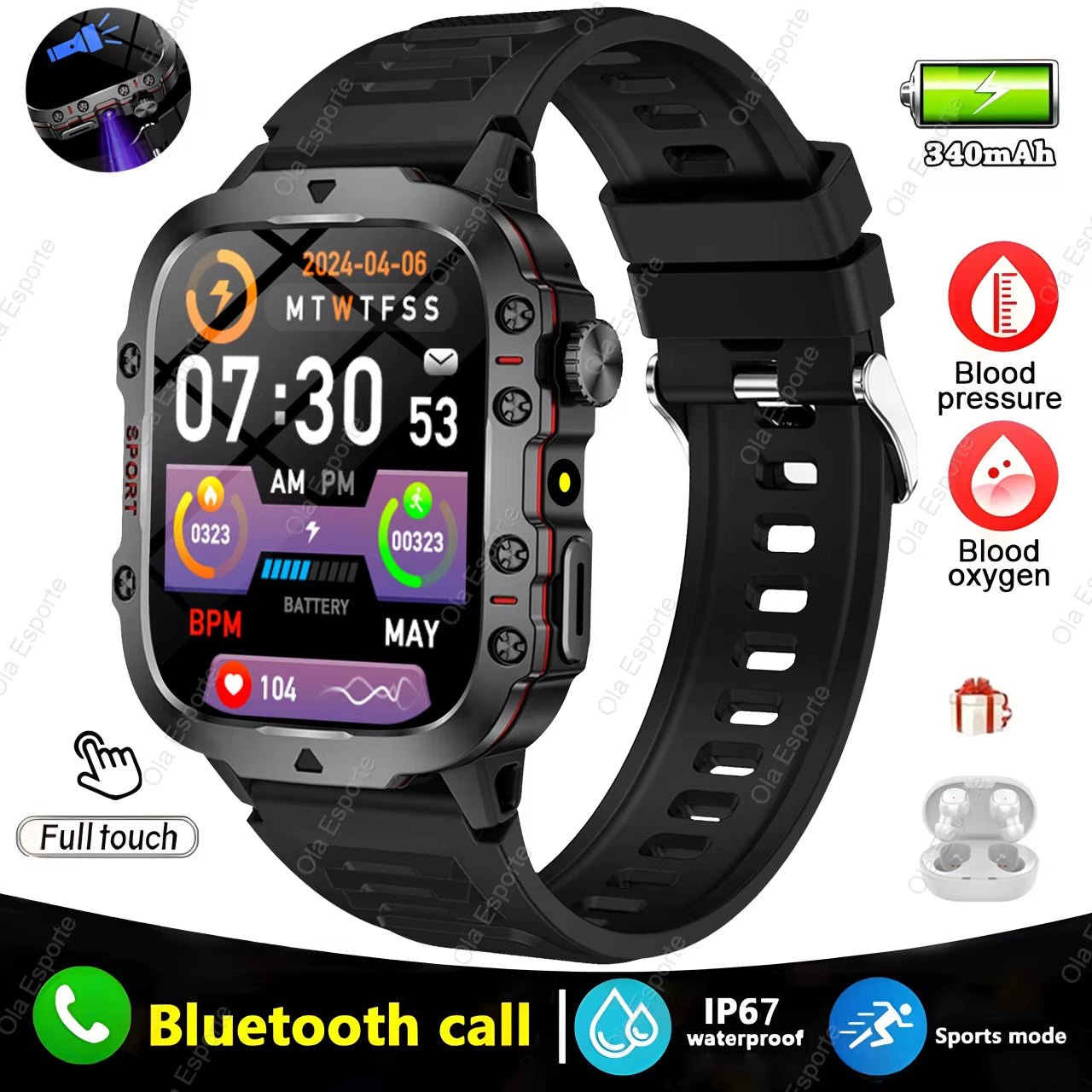Original Men Smartwatch Flashlight Bluetooth Call Fitness Clock IP68 Waterproof Sports Men for Android IOS Smart Watch 2025 New - Malachi Wallace boutique