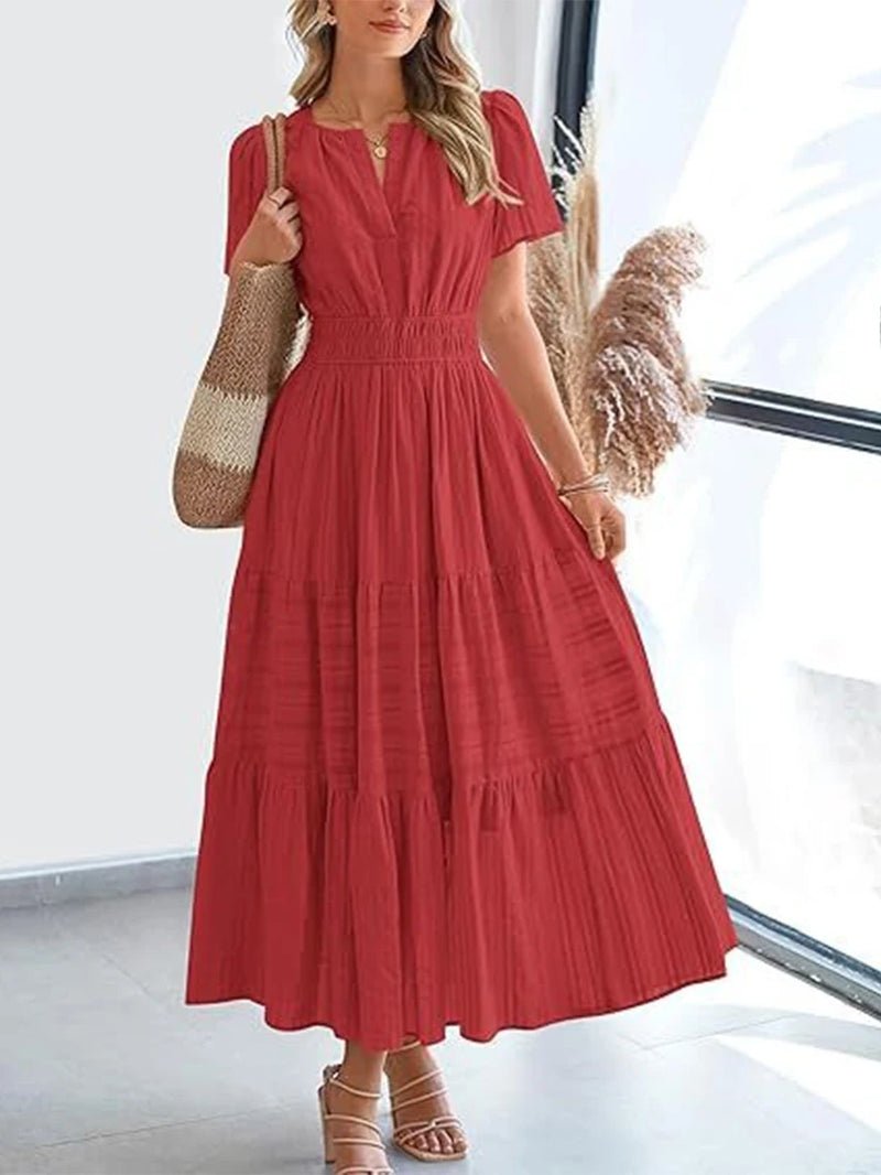 VivaSpring™ Layered Swing Dress – Women's V-Neck, Bubble Sleeves, and Big Swing Design for Effortless Style - Malachi Wallace boutique