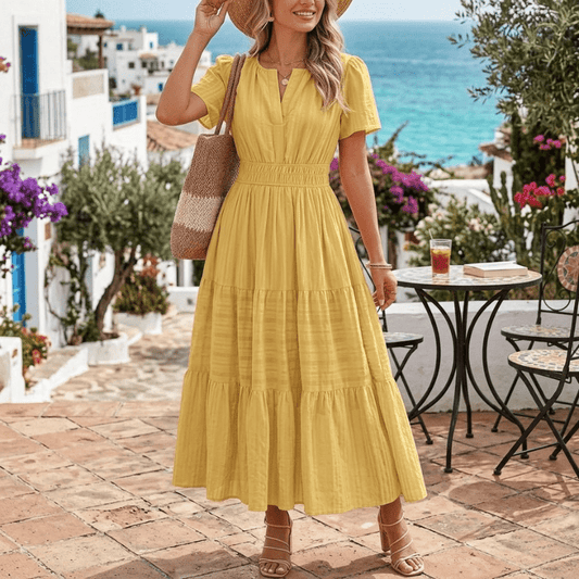 VivaSpring™ Layered Swing Dress – Women's V-Neck, Bubble Sleeves, and Big Swing Design for Effortless Style - Malachi Wallace boutique
